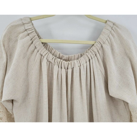 Chrysanthemum Women's M Tan Bell Sleeve Crochet Bell Sleeve Top Slouchy Linen - Picture 3 of 10